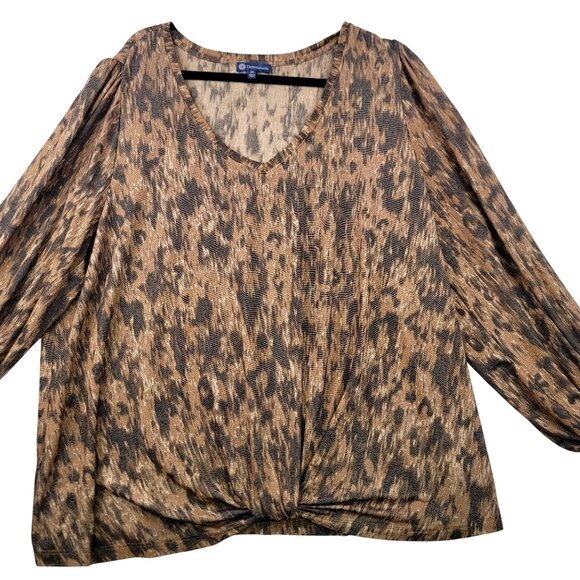 Democracy Camel Black Metallic V Neck Animal Print Long Sleeve Peasant Blouse 3X - Picture 2 of 9